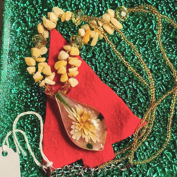 Murano Fused Glass Pendant on Yellow Beaded Necklace - Picture 9 of 14